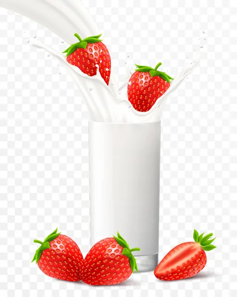 Клубника Падает Стакан Молока Йогурта Сладкое Молоко Брызгает Фруктовый Молочный — стоковый вектор