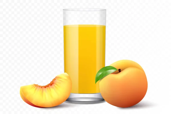Glass Peach Juice Fresh Peach Nectarine Juicy Whole Slices Fruits — Stok Vektör