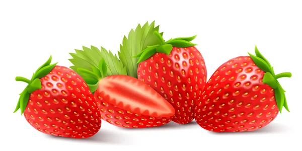 Fresh Juicy Strawberries Sweet Berries Vector Icons Set Realistic Illustration — Archivo Imágenes Vectoriales