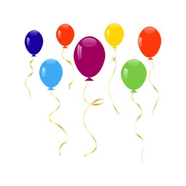 Colorful flying balloons with highlights and gold ribbons.