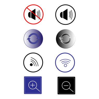 Volume control icons, wifi signs, magnifier increase and decrease icons.