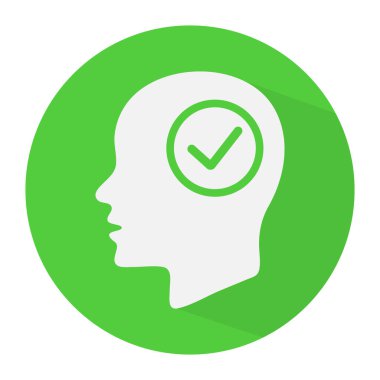 Beyaz insan kafa siluet ve yeşil onay işareti simgesi. Yeşil Daire kene. Soyut kavram. Düz tasarlamak vektör