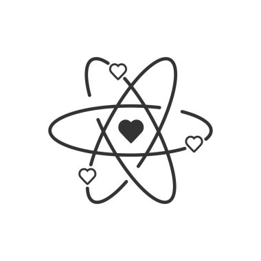 Atom with electrons in heart shape in flat design. Vector illustration.