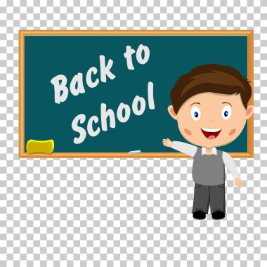 Cartoon school boy near blackboard. Back to school