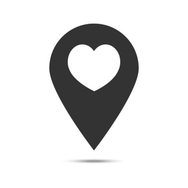 Map pointer with heart icon, location pin vector isolated symbol.