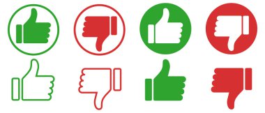 Baş parmaklar yukarı ve baş parmaklar aşağı. Simge koleksiyonu seti gibi. Web afişleri, web siteleri, basılı materyaller, bilgi grafikleri için modern grafik öğeleri. Vektör illüstrasyonu beyaz arkaplanda izole edildi