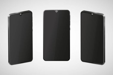 Vector illustration of a new black and shiny hand phone in three different perspective views