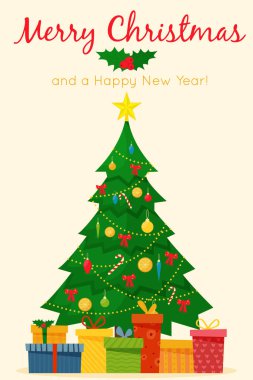 Noel ağacı hediye kutuları, yıldız, ışıklar, dekorasyon toplar ve lambalar ile dekore edilmiştir. Neşeli Noel ve a mutlu yeni yıl.