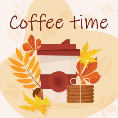 Chocolate chip cookies and coffee in cup. Top view. Flat style elements.