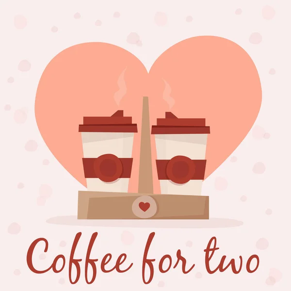 Two Cups Coffee Holder Background Heart Flat Cartoon Style Vector — Stok Vektör