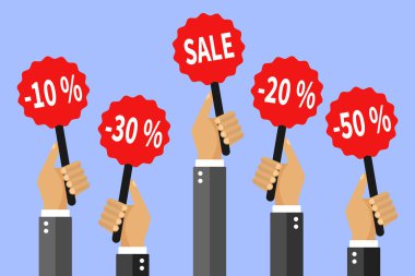 İndirim kavramı. Bir sürü elin elinde satışla birlikte pankartlar var. Düz tarzda Renkli Vektör Çizimi