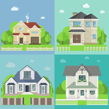 set of four cute houses with trees. Vector flat design