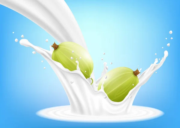 Grosella Fresca Chorrito Leche Yogur Baya Fresca Cae Leche Ilustración — Vector de stock