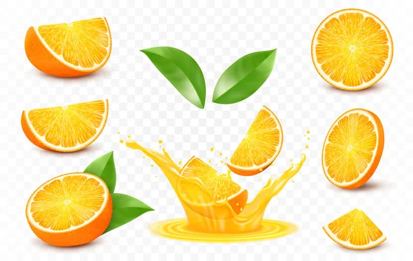 Frutas Frescas Naranja Salpicaduras Jugo Vector Realista Conjunto Iconos Aislado — Vector de stock