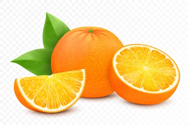 Frutas Frescas Naranja Jugosa Naranja Con Hojas Mitad Rebanada Fruta — Vector de stock