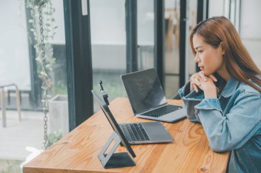 Female programmers are thinking and planning to work on programming, software coding and web design.Concept technology development.