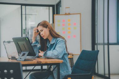 Female programmers are thinking and planning to work on programming, software coding and web design.Concept technology development.