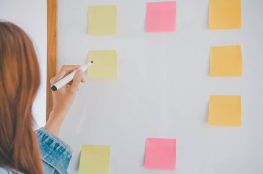 Web designers creating planning and analyzing with Colorful sticky notes on the office board.web design concept