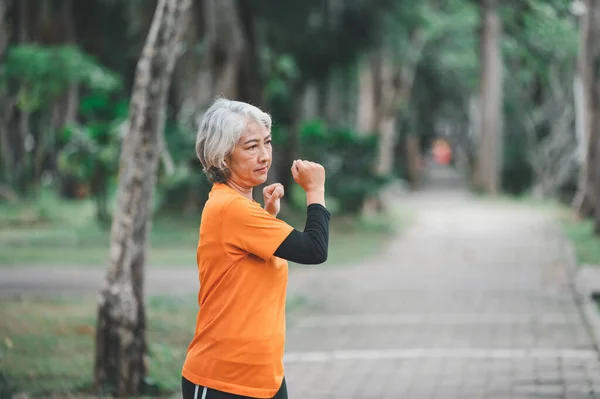 Elderly, white-haired Asian woman exercising in the park early in the morning.