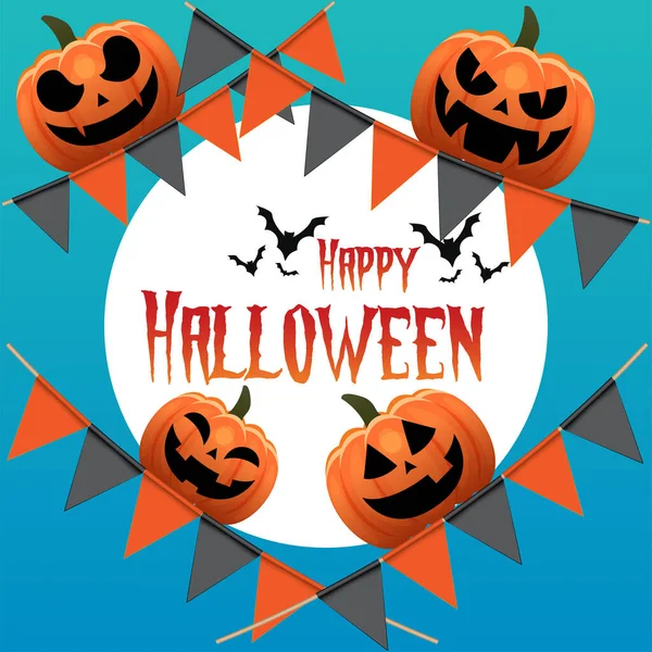 Mutlu Cadılar Bayramı Partisi Kompozisyonu, balkabağı, bulut, ay, yarasa, parti bayrağı arkaplan vektör çizimi.