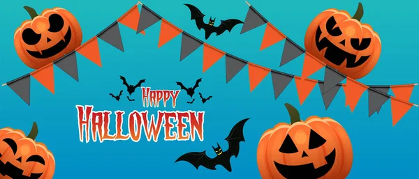 Feliz Festa Halloween Composição Com Abóbora Nuvem Lua Morcego Bandeira —  Vetores de Stock