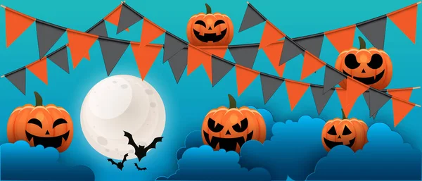Happy Halloween holiday party Composition with, pumpkin, cloud, moon, bat, party flag Background vector illustration.