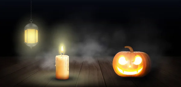 Abóbora Halloween Jack Lantern Com Rosto Mal Olhos Banco Madeira — Fotografia de Stock