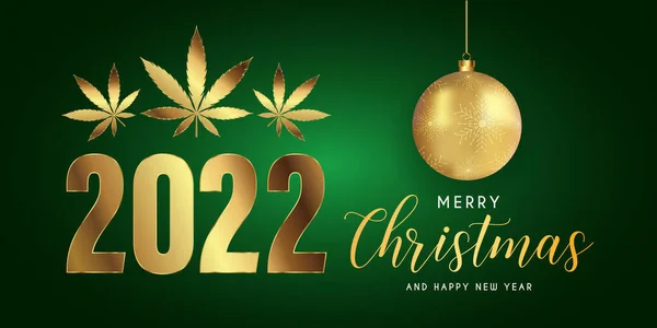 金のマリファナの葉と2020年 ハッピーニューイヤー グリーティングカードのためのメリークリスマスエレガントなテキストデザイン ベクターイラスト — ストックベクタ