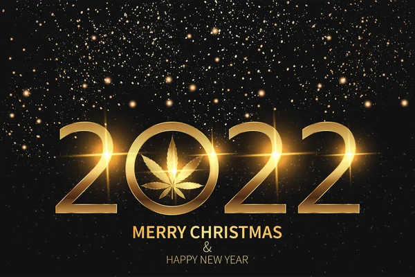 緑の背景に金のマリファナの葉と2020年 ベクターイラスト クリスマスと新年明けましておめでとうございます — ストックベクタ