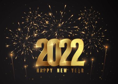 Altın parıltılı havai fişeklerin yeni yılı kutlu olsun. Vector Golden Işıltılı metin ve 2022 numara bayram tebrik kartı için parlıyor