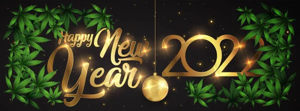 Szczęśliwego Nowego Roku 2022 Nowy Rok Świecące Tło Liściem Marihuany — Wektor stockowy