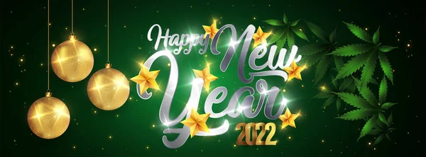 Happy New Year 2022 Silver Gold 新年マリファナの葉で輝く背景 ベクターイラスト — ストックベクタ
