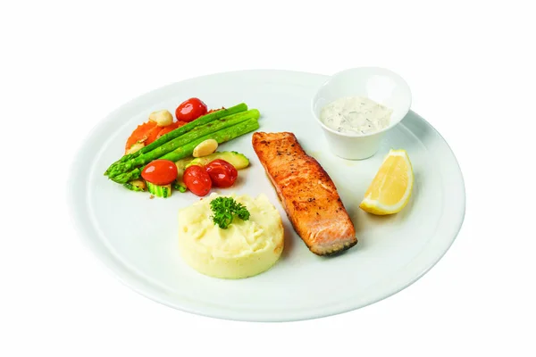 Grilled Salmon Steak White Plate — Stockfoto