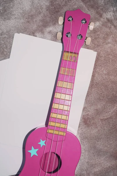 Pink Ukulele Four String Guitar Top View Musical Instrument — Stock Photo, Image