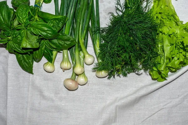 Greens for cooking delicious and healthy food. Green onion, dill, lettuce, basil, top view on a white linen background.