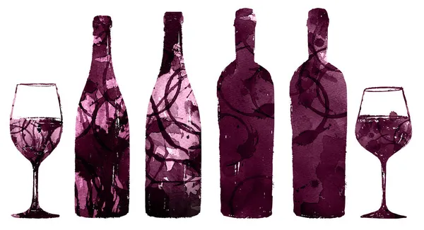 Illustration Von Flasche Und Glas Wein Mit Aquarellpinsel Hintergrund Textur — Stockfoto