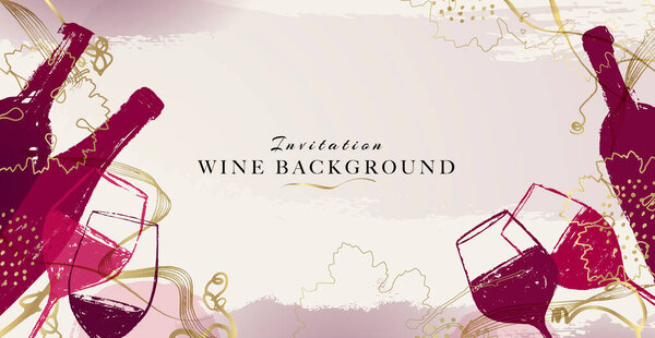 Elegant wine background design. Modern illustration wine glass and bottle with golden details. Elegant background for events, promotions, parties, anniversaries. Vector