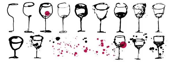 Şarap Içki Kadehlerinin Sanatsal Çizimi Fırçayla Çizilmiş Şarap Kadehi Damlacık — Stok Vektör