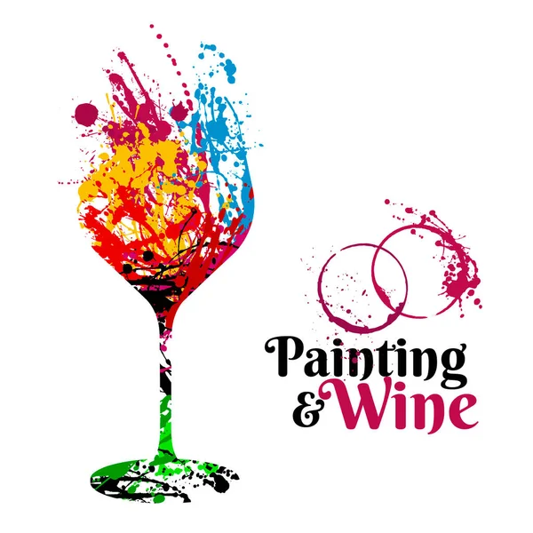 带有彩色油漆污迹的酒杯图解 用于葡萄酒和艺术品的促销活动 艺术图解 — 图库矢量图片