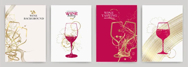 Reihe Von Weindesigns Mit Illustrationen Von Weingläsern Und Zierformen Eleganter — Stockvektor