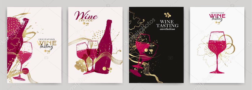 set of wine designs with illustration of wine glass and ornamental shapes. Elegant background for wine promotions and events. Hand drawn vector drawing