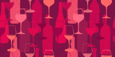 Kusursuz bir arka plan modeli. El yapımı şarap kadehleri ve şişe desenleri. Tekstil giysileri, ambalajlar, web tasarımları, broşürler, posterler için arka plan. Vektör