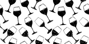Kusursuz bir arka plan modeli. Elle çizilmiş şarap kadehleri. Tekstil giysileri, kumaşlar, ambalajlar, web tasarımları, broşürler, posterler için arka plan. Vektör illüstrasyonu