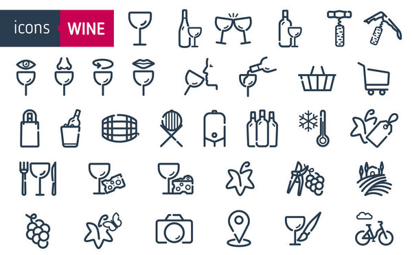 Set icons of wine. Icons bottles and wine glasses, shop, tasting, food, cellar, vineyards, wine tourism and activities. Wine tasting icons. vector illustration.