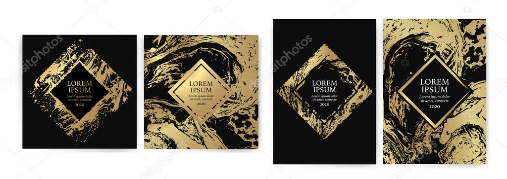 Set of design templates with golden texture, marble effect. Golden and black background with luxury look. Suitable for wedding invitations, birthdays, VIP events. Vecto