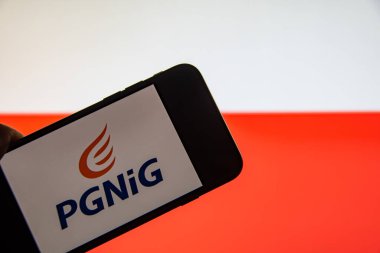 Rheinbach, Almanya 2 Aralık 2021, Polonya doğalgaz ve mineral yağı üreticisi PGNIG 'in marka logosu bir akıllı telefon ekranında (markanın logosuna odaklan))
