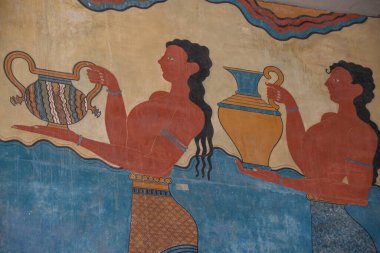 Heraklion, Yunanistan 15 Mayıs 2022, Girit 'teki Knossos Sarayı' ndaki Fresco alayının detayları