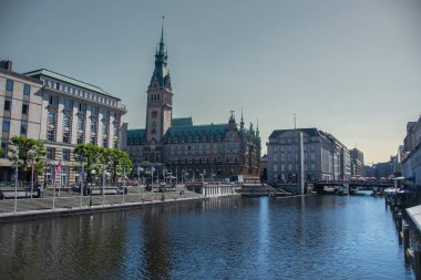 Hamburg, Germany  23 June 2022,  The view from the Jungfernstieg onto the town hall of Hamburg