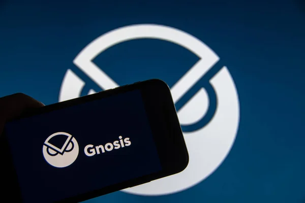 Rheinbach Germany August 2022 Logo Cryptocurrency Gnosis Display Smartphone Focus — Stockfoto