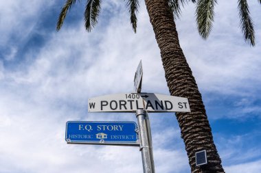 Phoenix, AZ - March 20, 2021: F.Q. Story Historic District is named for Francis Quarles Story, a southern California landowner who expanded into the Salt River Valley of Arizona in the late 1880s. clipart